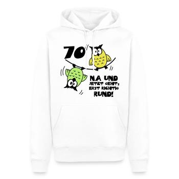 Geburtstag 70, Eulen am Drahtseil, rund - Männer Premium Bio Hoodie - Weiß - Vorne - Nico (187cm)