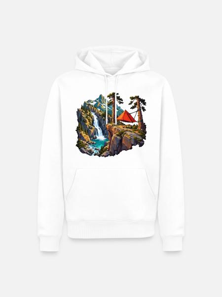 Felskessel-Camp mit Hängezelt und Wasserfall - Männer Premium Bio Hoodie - Weiß