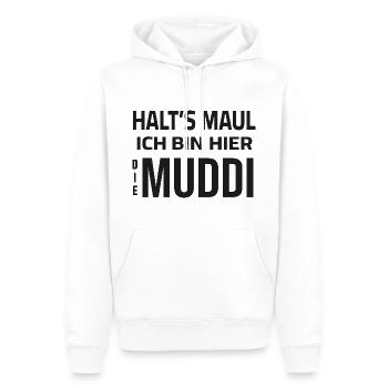 Halt's Maul - Ich bin hier die Muddi - Männer Premium Bio Hoodie - Weiß - Vorne - Nico (187cm)