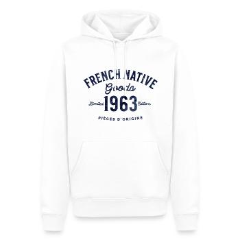 French native Goods 1963 - Sweat à capuche Premium bio Homme - blanc - Devant - Nico (187cm)