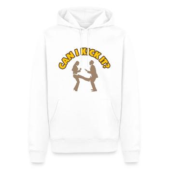 Darf ich ihm in die Eier treten? - Männer Premium Bio Hoodie - Weiß - Vorne - Nico (187cm)