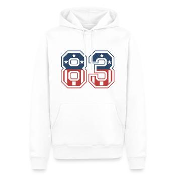 Numéro 83 États-Unis - Sweat à capuche Premium bio Homme - blanc - Devant - Nico (187cm)