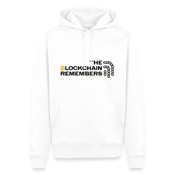 Bitcoin | The Blockchain Remembers | Since 2009 - Männer Premium Bio Hoodie - Weiß - Vorne - Nico (187cm)