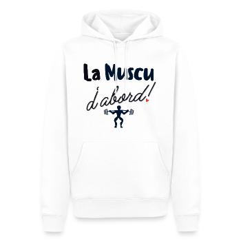 La muscu d abord - Sweat à capuche Premium bio Homme - blanc - Devant - Nico (187cm)