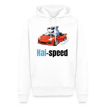 Haispeed | Cooler Cartoon-Hai im Sportwagen - Männer Premium Bio Hoodie - Weiß - Vorne - Nico (187cm)