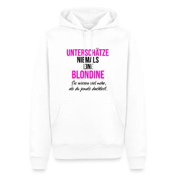 Blondine Unterschätze niemals - Männer Premium Bio Hoodie - Weiß - Vorne - Nico (187cm)