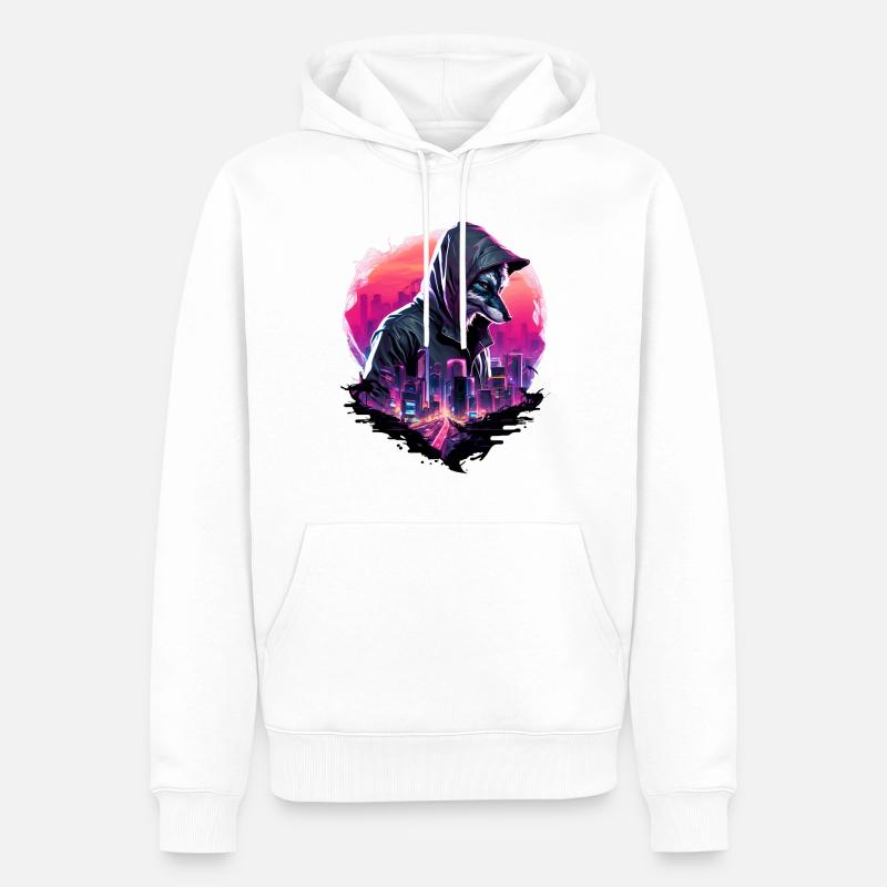 Synthwave Wolf avec skyline - Sweat à capuche Premium bio Homme - blanc
