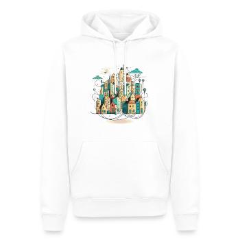 Cityscape Connections: Ein stilisiertes Bild von Interco - Männer Premium Bio Hoodie - Weiß - Vorne - Nico (187cm)