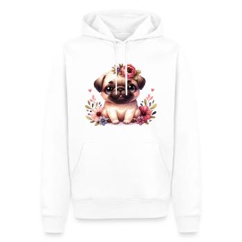 Chiot mignon carlin avec des fleurs - Sweat à capuche Premium bio Homme - blanc - Devant - Nico (187cm)