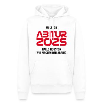MISSION ABITUR 2025 - HALLO HOUSTON MACHEN ABFLUG - Männer Premium Bio Hoodie - Weiß - Vorne - Nico (187cm)