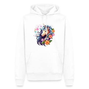 Blaues Einhorn mit Blumenkranz - Männer Premium Bio Hoodie - Weiß - Vorne - Nico (187cm)