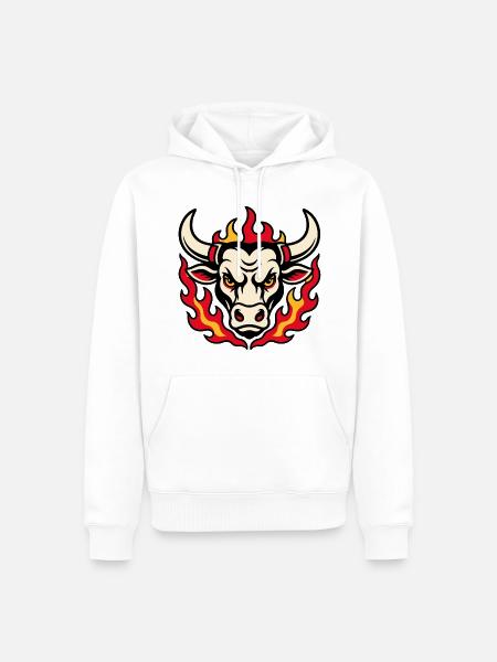 Stierkopf in Flammen im Tattoo-Stil - Männer Premium Bio Hoodie - Weiß