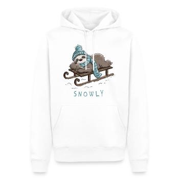 Snowly Faultier im Wintermodus Schlitten Schnee  - Männer Premium Bio Hoodie - Weiß - Vorne - Nico (187cm)