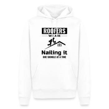 Couvreur Couvreur Réparation de toiture Entrepreneur mécanicien - Sweat à capuche Premium bio Homme - blanc - Devant - Nico (187cm)