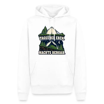 Tagsüber eben. Nachts bergab. – Camping - Männer Premium Bio Hoodie - Weiß - Vorne - Nico (187cm)