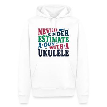 Ne sous-estimez jamais un gars avec un ukulélé - Sweat à capuche Premium bio Homme - blanc - Devant - Nico (187cm)