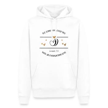 Dessein chrétien Le Seigneur a un amour éternel - Sweat à capuche Premium bio Homme - blanc - Devant - Nico (187cm)