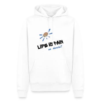 LIFE IS PAIN au chocolat blue text graffiti - Men’s Premium Organic Hoodie - white - Front - Nico (187cm)