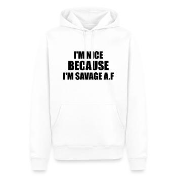 i'm nice because i'm savage af - Sweat à capuche Premium bio Homme - blanc - Devant - Nico (187cm)