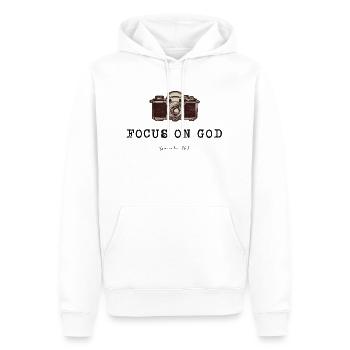 DLM FOCUS ON GOD B1U - Men’s Premium Organic Hoodie - white - Front - Nico (187cm)