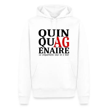 Quinquagénaire / Anniversaire / Humour / drôle - Sweat à capuche Premium bio Homme - blanc - Devant - Nico (187cm)