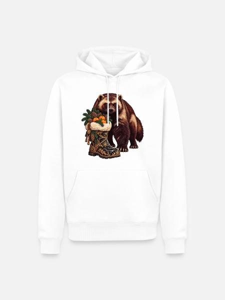 Vielfraß mit festlichem Winterstiefel - Männer Premium Bio Hoodie - Weiß