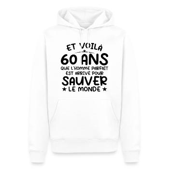 60 ans Cadeau anniversaire 60 ans Homme - Sweat à capuche Premium bio Homme - blanc - Devant - Nico (187cm)