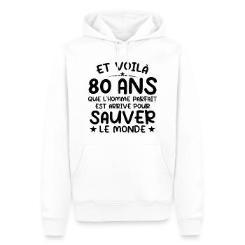 80 ans Cadeau anniversaire 80 ans Homme - Sweat à capuche Premium bio Homme - blanc - Devant - Nico (187cm)