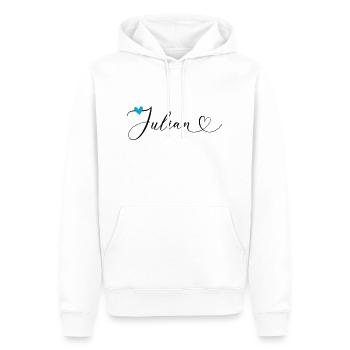 Julian Nom Prénom Calligraphie coeur - Sweat à capuche Premium bio Homme - blanc - Devant - Nico (187cm)