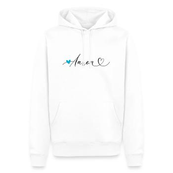 Aaron Nom Prénom Calligraphie coeur - Sweat à capuche Premium bio Homme - blanc - Devant - Nico (187cm)