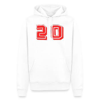 20 ANS. 20e ANNIVERSAIRE. ANNIVERSAIRE 20 ANS. 20 - Sweat à capuche Premium bio Homme - blanc - Devant - Nico (187cm)