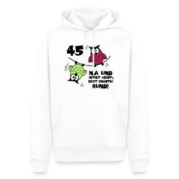 45. Geburtstag - Eulen "na und" - Männer Premium Bio Hoodie - Weiß - Vorne - Nico (187cm)