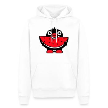 Le pingouin mange du melon fruit délicieux faim morsure fraîche - Sweat à capuche Premium bio Homme - blanc - Devant - Nico (187cm)
