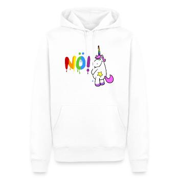 Rosa Cartoon Einhorn pinkelt das Wort "Nö!" - Männer Premium Bio Hoodie - Weiß - Vorne - Nico (187cm)
