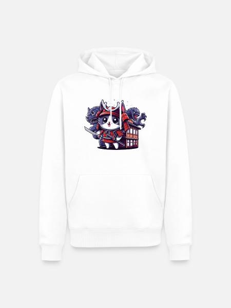 Samurai-Ninja-Katze hinter Monster und Dojo - Männer Premium Bio Hoodie - Weiß