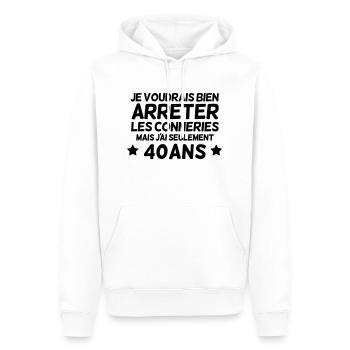 Je voudrais bien arreter les conneries - 40 ans - Sweat à capuche Premium bio Homme - blanc - Devant - Nico (187cm)