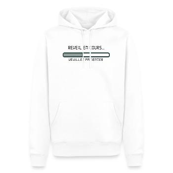 reveil_en_cours_message,humour,drôle,citations - Sweat à capuche Premium bio Homme - blanc - Devant - Nico (187cm)