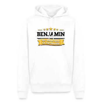 Benjamin – Der Name steht für Top-Qualität! - Männer Premium Bio Hoodie - Weiß - Vorne - Nico (187cm)