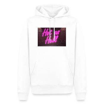 Leuchtreklame Hot as Hell an Ziegelsteinmauer - Männer Premium Bio Hoodie - Weiß - Vorne - Nico (187cm)