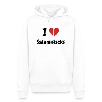 I Love Salamistiсks - Funny Heart Design - Men’s Premium Organic Hoodie - white - Front - Nico (187cm)