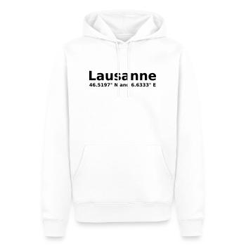 Lausanne - mit Geo Koordinaten Waagrecht - Männer Premium Bio Hoodie - Weiß - Vorne - Nico (187cm)