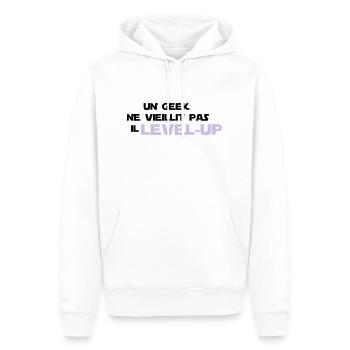 un_geek ne vieillit pas il Level up - Sweat à capuche Premium bio Homme - blanc - Devant - Nico (187cm)