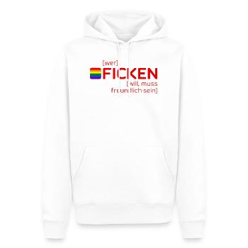 [wer] FICKEN [will, muss freundlich sein] - Männer Premium Bio Hoodie - Weiß - Vorne - Nico (187cm)