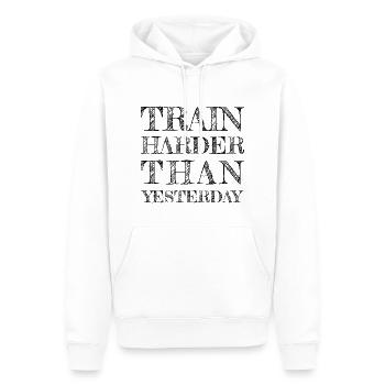 TRAIN HARDER THAN YESTERDAY - FITNESS - TRAINING - Männer Premium Bio Hoodie - Weiß - Vorne - Nico (187cm)