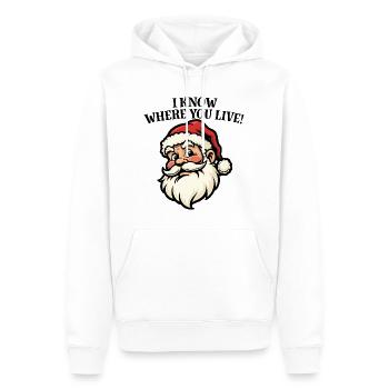 Je sais où tu habites - Père Noël - Sweat à capuche Premium bio Homme - blanc - Devant - Nico (187cm)