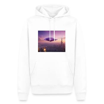 amethyst crystal spaceship hovering over city - Men’s Premium Organic Hoodie - white - Front - Nico (187cm)
