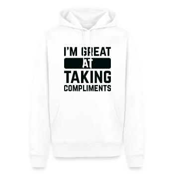 I’m Great At Taking Compliments - Men’s Premium Organic Hoodie - white - Front - Nico (187cm)