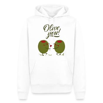 Olive vous - déclaration d'amour - partenariat - Sweat à capuche Premium bio Homme - blanc - Devant - Nico (187cm)