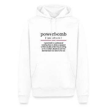 powerbomb - spelling and description - Männer Premium Bio Hoodie - Weiß - Vorne - Nico (187cm)
