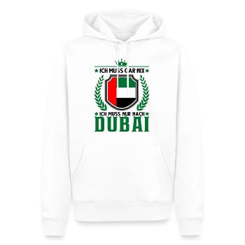 Ich muss gar nix Ich muss nur nach Dubai VAE - Männer Premium Bio Hoodie - Weiß - Vorne - Nico (187cm)